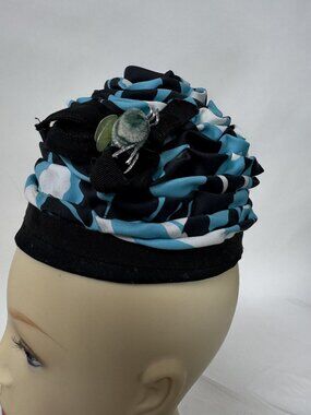Vintage Derrieux Black & Blue Floral Pillbox Hat With Ribbon & Decorative Accent